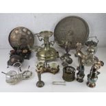 A large quantity of assorted silver plated wares inc sugar sifters, biscuit barrel, eperne stand,