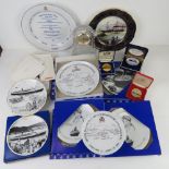 A quantity of Cunard QEII memorabilia including Waterford crystal clock, coins, plates,