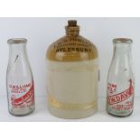 A salt glazed JKH Fowler Wine & Spirit Merchant Aylesbury stoneware jug standing 26.