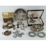 A quantity of silver plated wares inc brandy warmer, coasters, sauce boat, candlestick, trays, etc.
