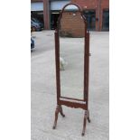 A reproduction mahogany cheval mirror and stand, 166cm high.