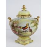A 19thC Royal Bonn twin handled lidded urn decorated with exotic birds in a floral setting with