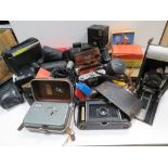 A quantity of assorted camera equipment inc folding pocket Kodak, Kodak Brownie,