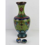 A 20thC Cabachon enamel cloisonné vase in blues and greens and having five toad dragons upon