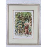 Tom King, watercolour of garden theme with chair and chimney pot in foreground,