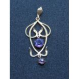 A 9ct gold Amethyst Art Nouveau pendant, stamped 9ct with makers mark verso.