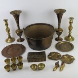 A brass jam pan together with a quantity of other assorted brass wares inc cigar box.