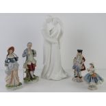 A quantity of continental style figurines together with a white ground Wedgwood figurine.