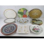 A quantity of assorted decorative serving dishes inc contemporary lazy Susan type cheese board,