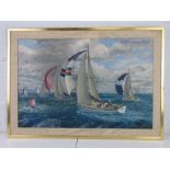 Acrylic on canvas 'Yatch race in the Solent off Isle of Wight' by F E Walton and dated 1974,
