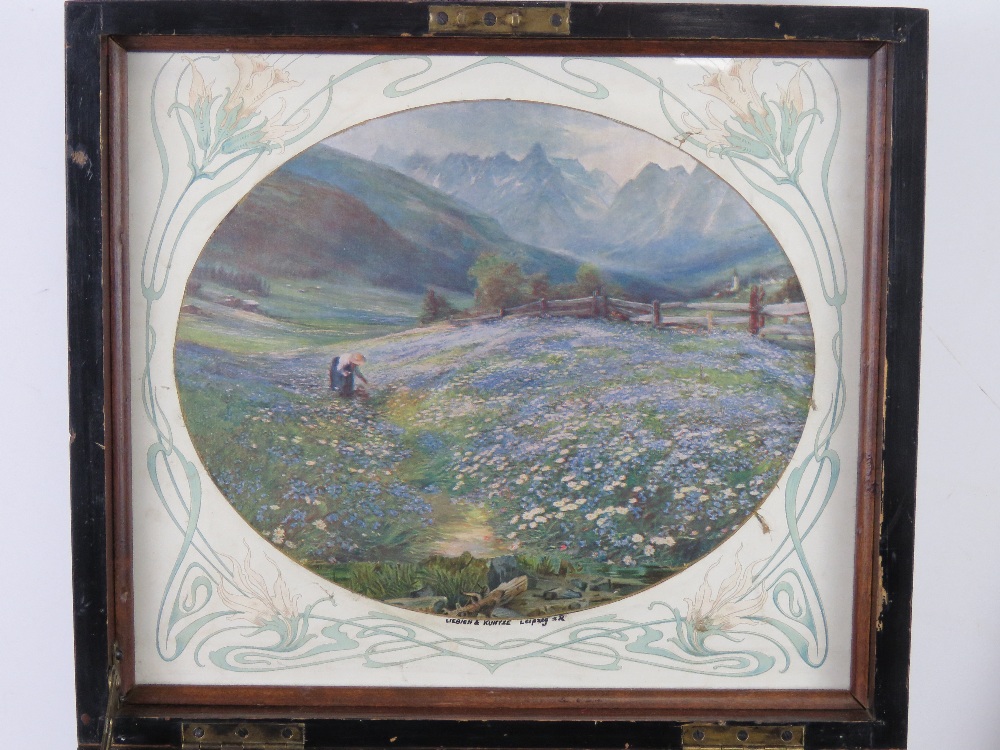 A walnut box Polyphone the lid lifting to reveal printed Swiss mountain scene to lid. - Image 3 of 9