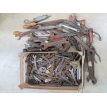 A quantity of assorted vintage tools inc spanners, files, padded mallet, etc.