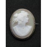 A carved shell cameo brooch in rose metal setting, no apparent hallmark.