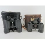 Two pairs of binoculars in cases, one marked for Ross of London in pigskin leather case,