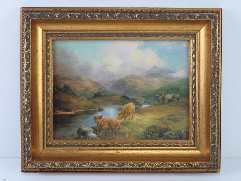 A lacquered print of Highland cattle by river 19 x 14cm in gold painted frame 28.5 x 23cm.