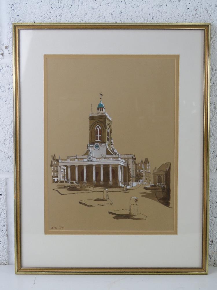 All Saints Church Northampton, pencil and watercolour on brown paper by Leila Dix,