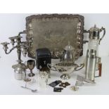 A quantity of silver plated and other metal wares inc tea pot and lidded jug and large cut glass