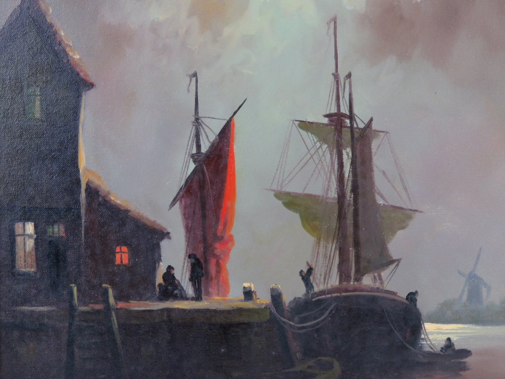 Selhorst, Dutch School, late 20th century, oil on canvas; Figures on harbour beside fishing vessels, - Image 4 of 5