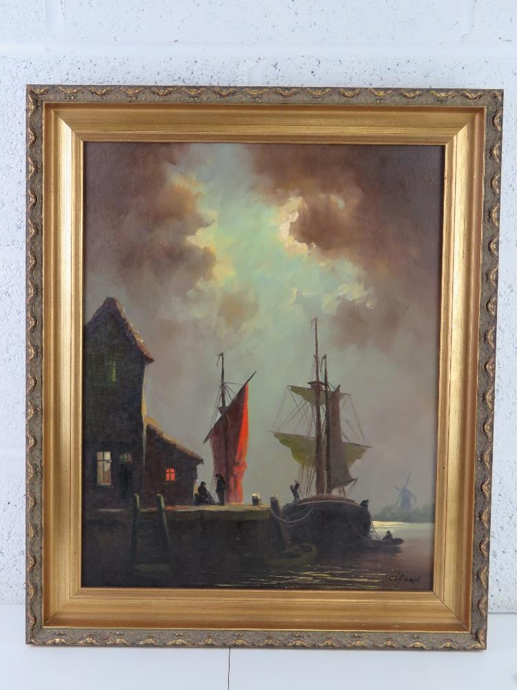 Selhorst, Dutch School, late 20th century, oil on canvas; Figures on harbour beside fishing vessels,