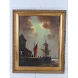 Selhorst, Dutch School, late 20th century, oil on canvas; Figures on harbour beside fishing vessels,