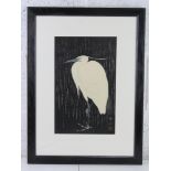 A Japanese wood block print of a white crane on black background, sight size 36.5 x 22.