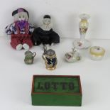 A sad clown doll, a Lotto game and other assorted items including ceramics.