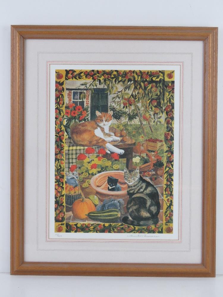 Signed limited edition print of cats in a garden, signed and numbered in pencil below 25/850,