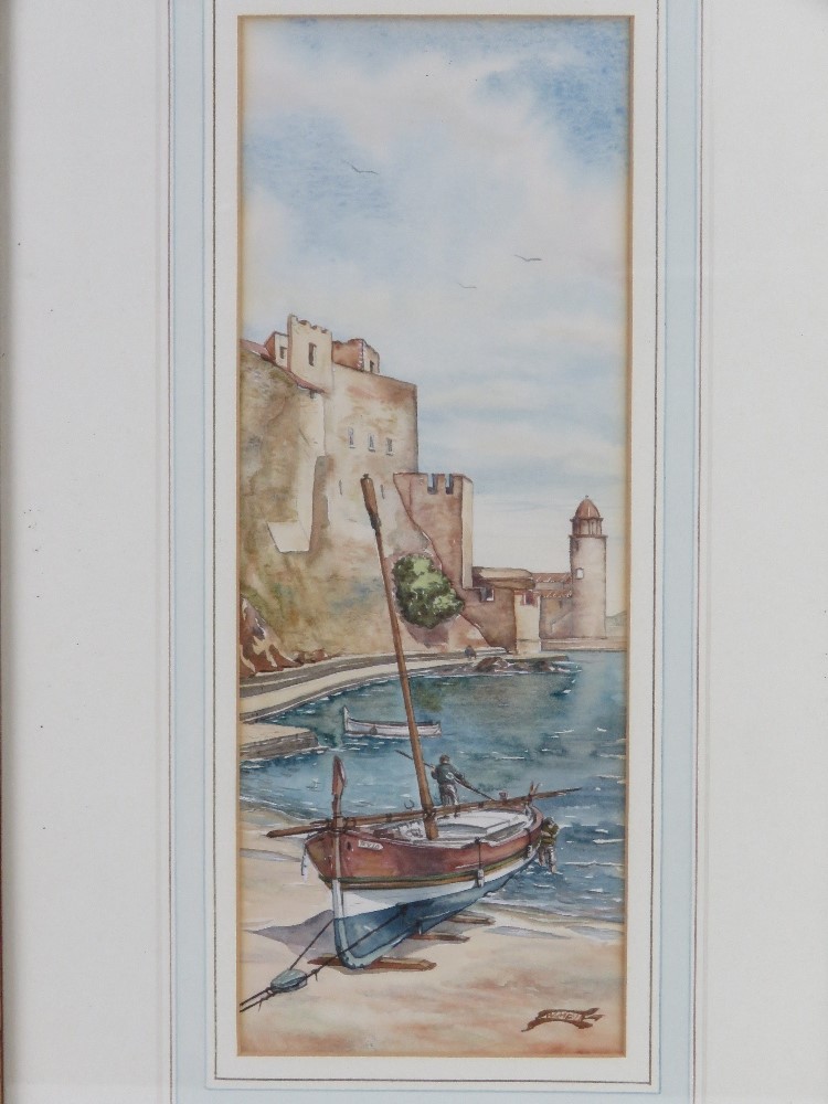 Watercolour Harbour scene, landed sailing boat before, fort and sky beyond. - Image 2 of 3