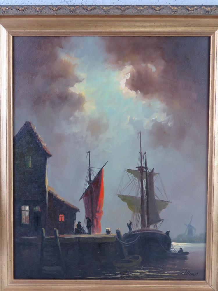 Selhorst, Dutch School, late 20th century, oil on canvas; Figures on harbour beside fishing vessels, - Image 5 of 5