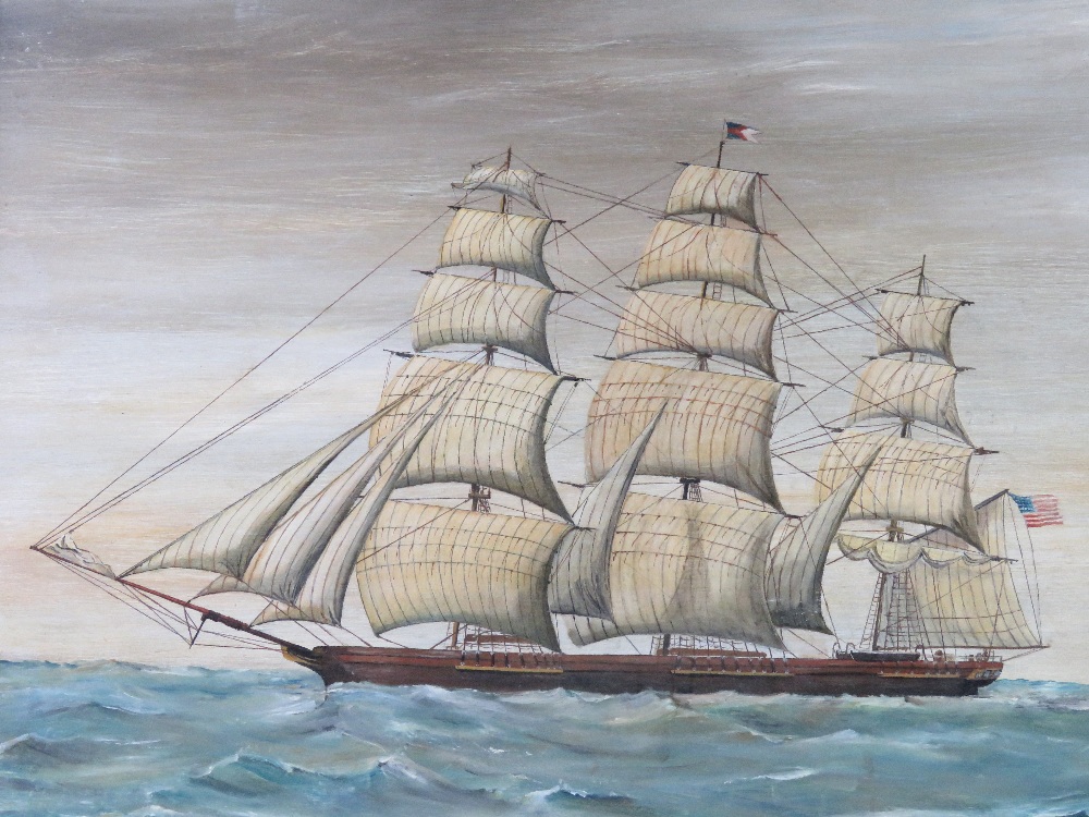 Oil on board; 'Flying Cloud 1750 tons built East Boston 1551' featuring sailing ship on choppy seas. - Image 2 of 3