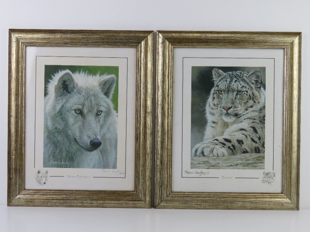 A pair of signed limited edition prints being Wolf 'Winter Perfection' and Snow Leopard 'Elusive',