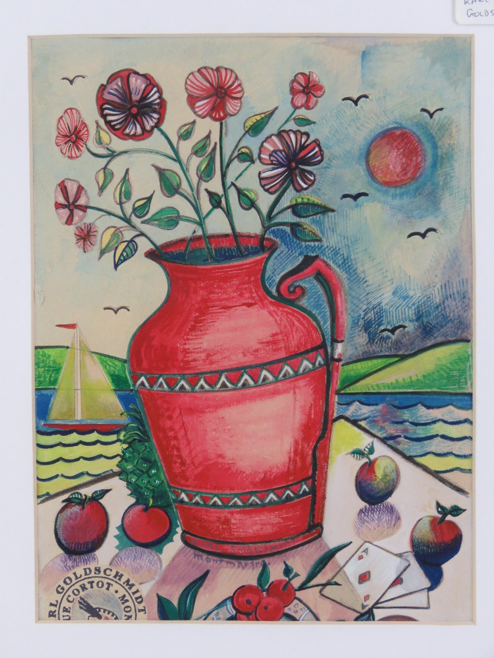 Gouche painting by Karl Goldschmidt, still life vase of lowers with sail boat beyond, - Image 2 of 6