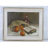 Oil on canvas; still life, books to foreground, basket, fruit and bottle behind, signed H Gooch,