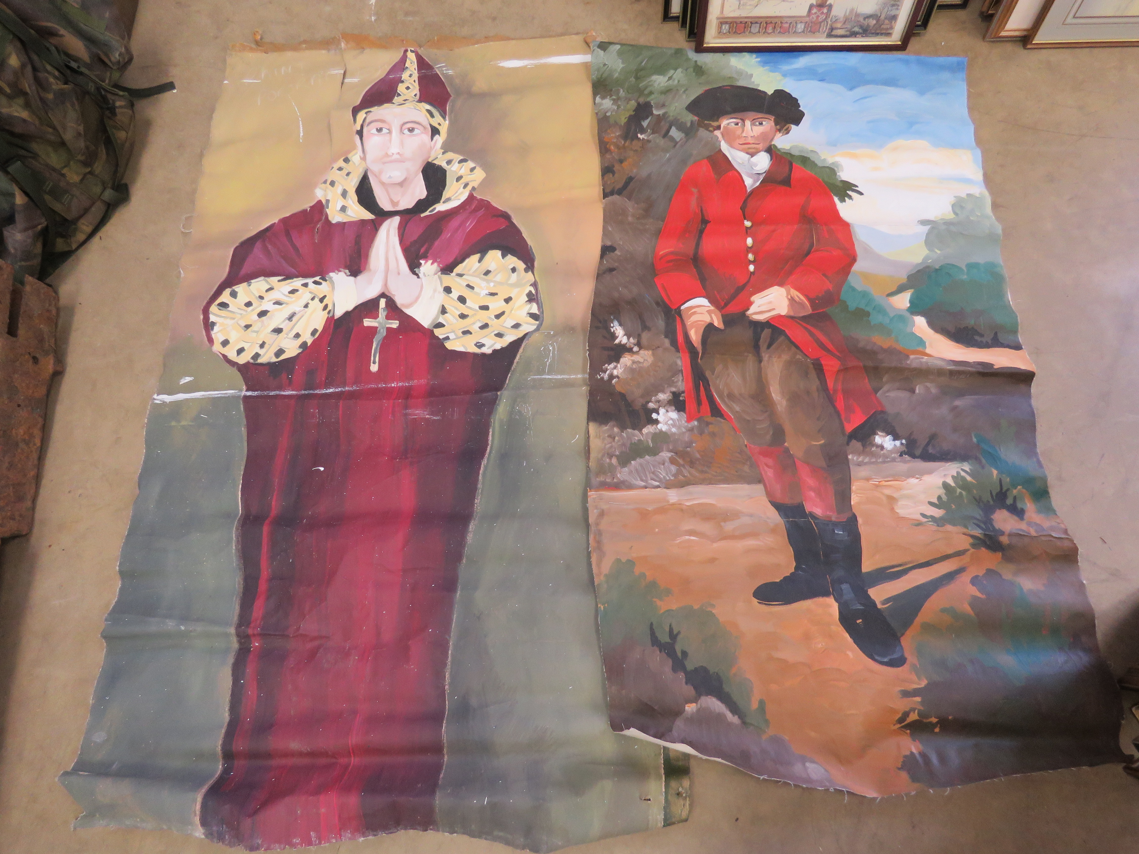 Two theatre scenery hand painted canvases featuring a Bishop and a Huntsman, a/f stored rolled.