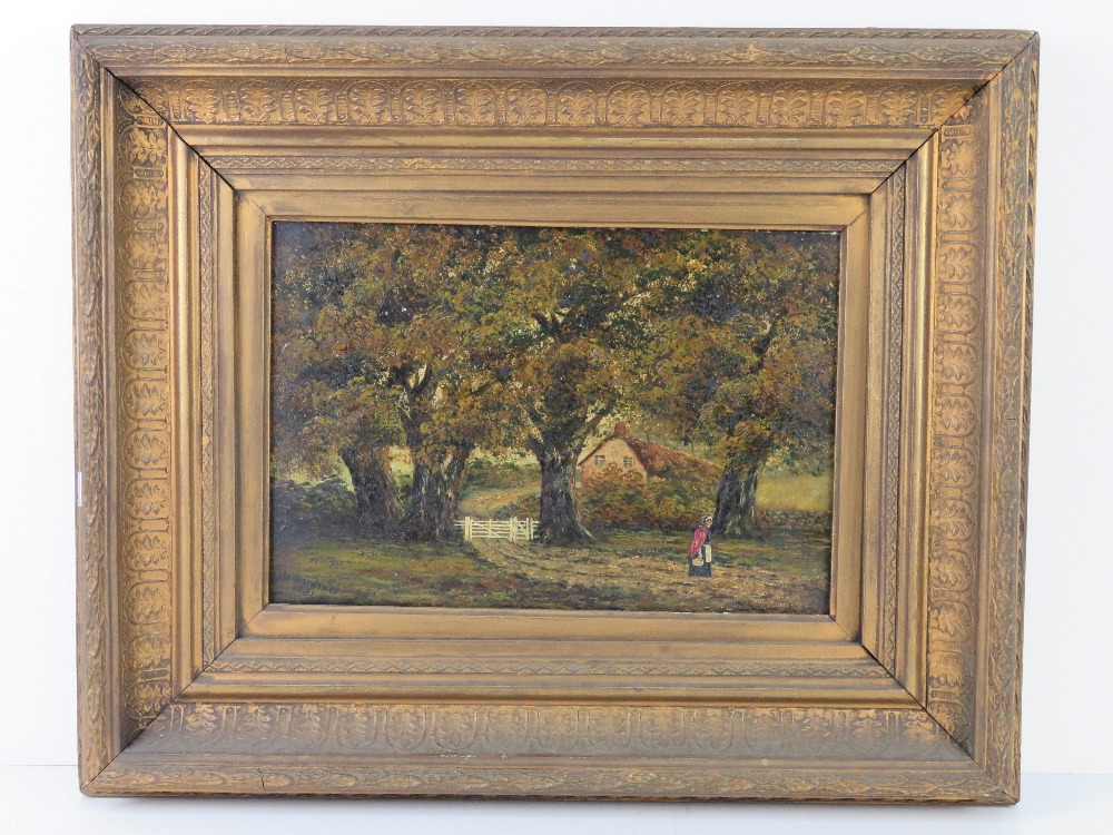 Oil on canvas of a country lane framed by trees with white gate leading to a thatched farmhouse,
