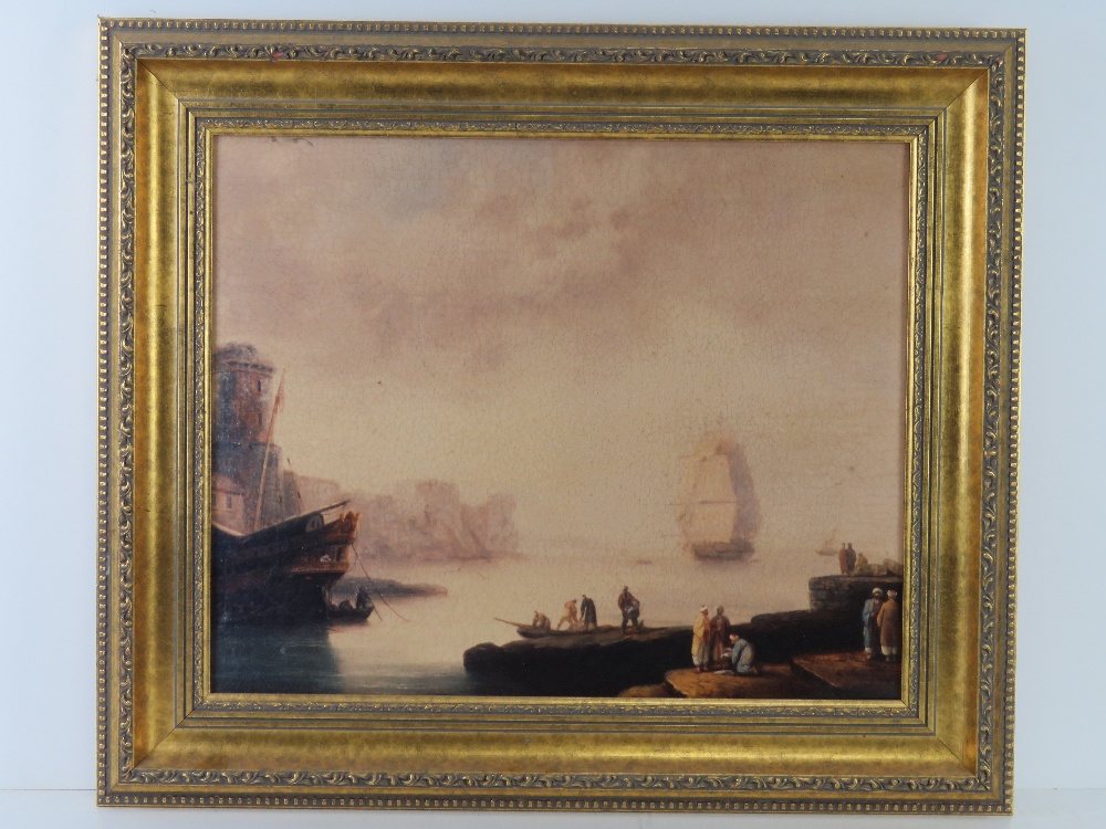 Print of a North African harbour in gilt frame by Bright's of Nettlebed,