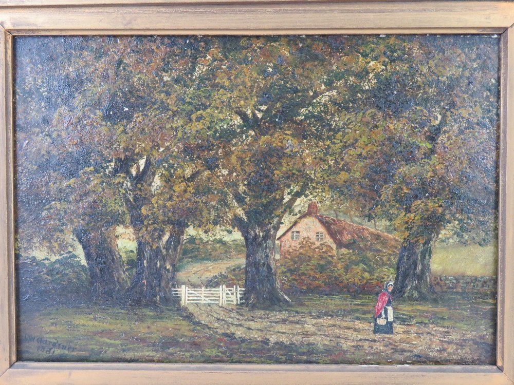 Oil on canvas of a country lane framed by trees with white gate leading to a thatched farmhouse, - Image 2 of 6