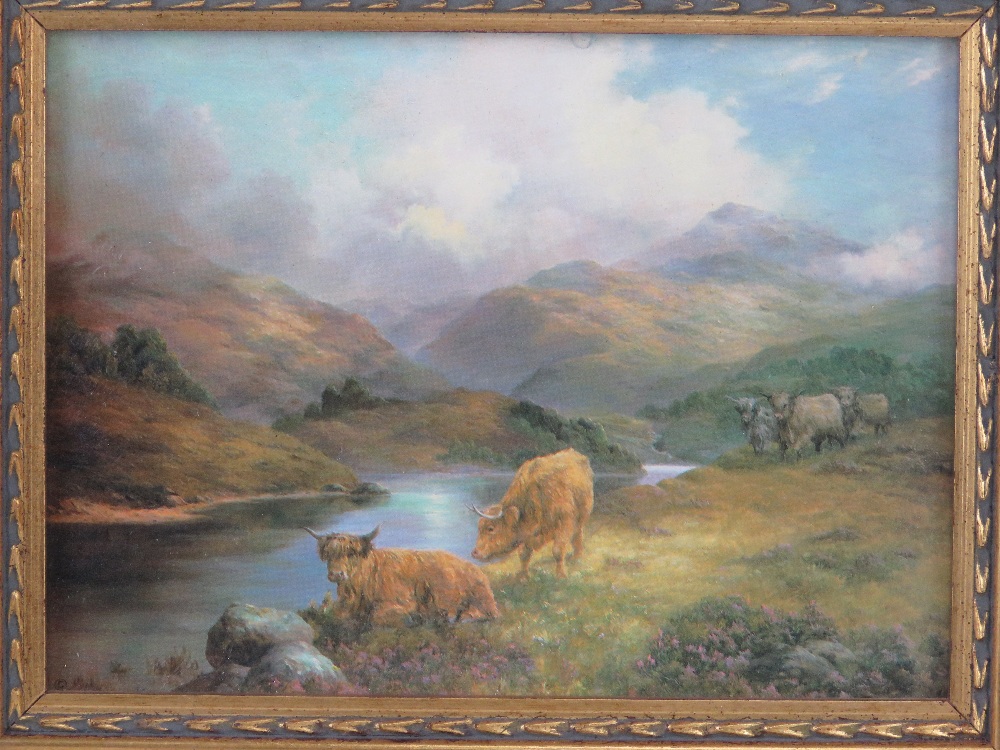 A lacquered print of Highland cattle by river 19 x 14cm in gold painted frame 28.5 x 23cm. - Image 2 of 2