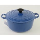 A blue Le Cruset '20' casserole dish.