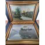 Maynard; a pair of oil paintings of riverside scenes in matching frames,