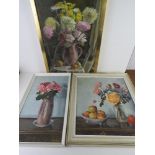 Three floral still life paintings by F E Walton c1975, individually framed.