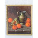 Oil on canvas; still life, copper jug with oranges and grapes before,