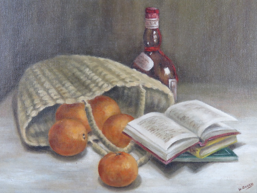 Oil on canvas; still life, books to foreground, basket, fruit and bottle behind, signed H Gooch, - Image 3 of 3