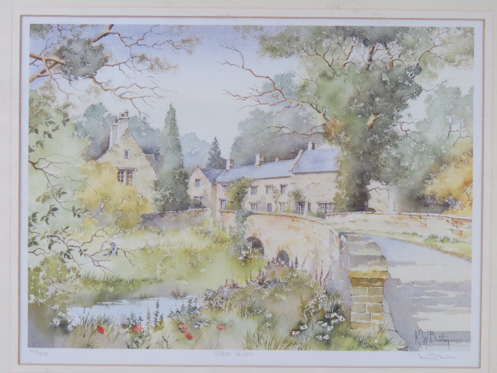 A signed limited edition print of Upper Swell having stone bridge over river leading to the village, - Image 2 of 4