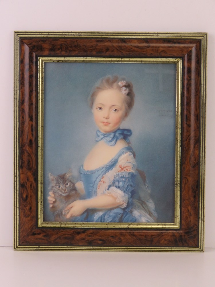 A print of a Georgian female child in blue dress with kitten in lap,