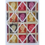 A fabric covered notice board in Victorian stamp pattern 40 x 30cm.