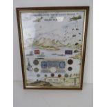 A montage including coinage 'Commemorating the 50th Anniversary of World War II', framed.
