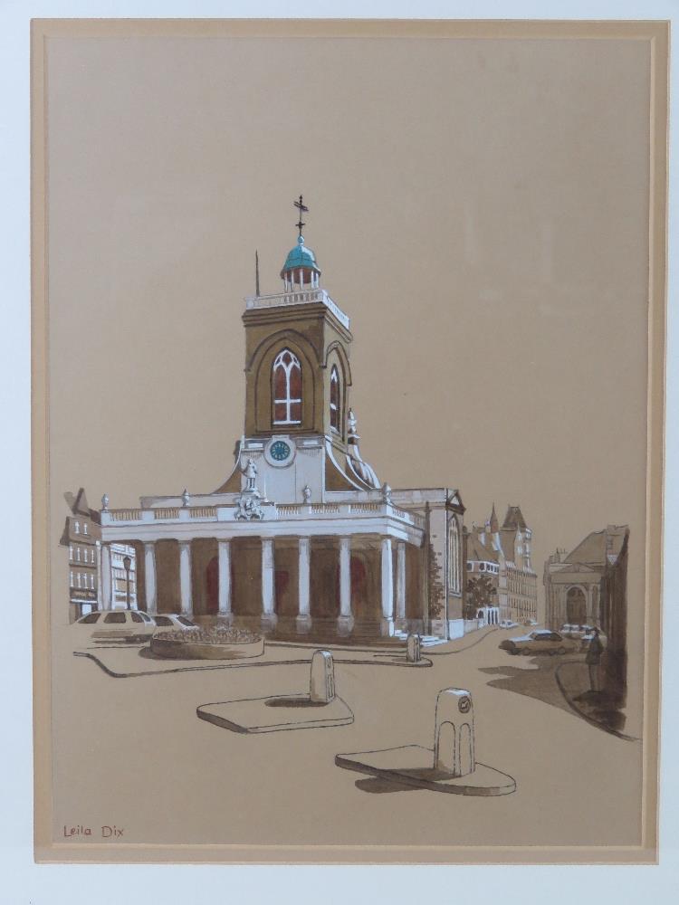 All Saints Church Northampton, pencil and watercolour on brown paper by Leila Dix, - Image 2 of 3