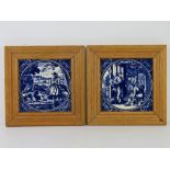 A pair of blue and white Delpht pottery tiles in frames 'De Landman' and ''De Schoenmaaker'.