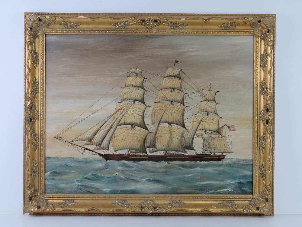 Oil on board; 'Flying Cloud 1750 tons built East Boston 1551' featuring sailing ship on choppy seas.
